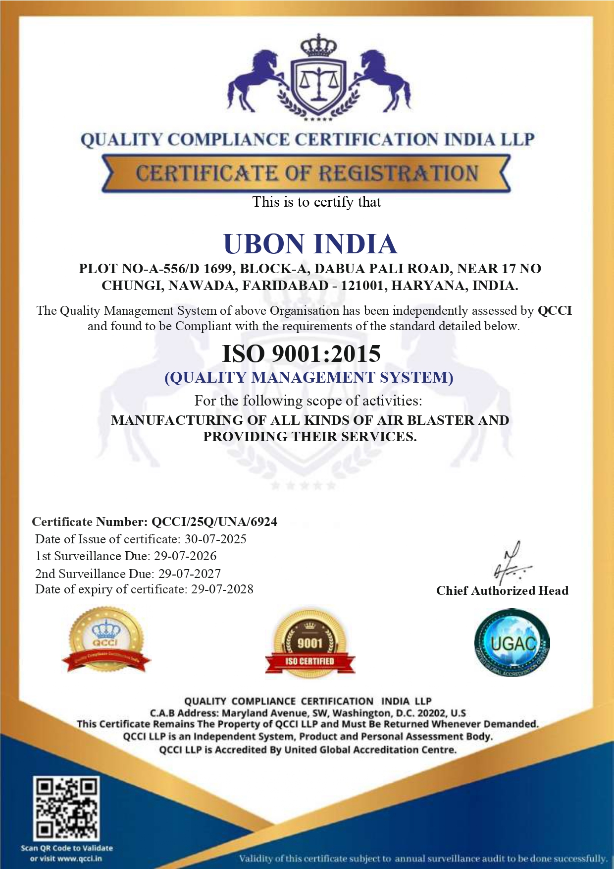 ISO 9001:2015 Certificate - ubon india air blaster manufacturer